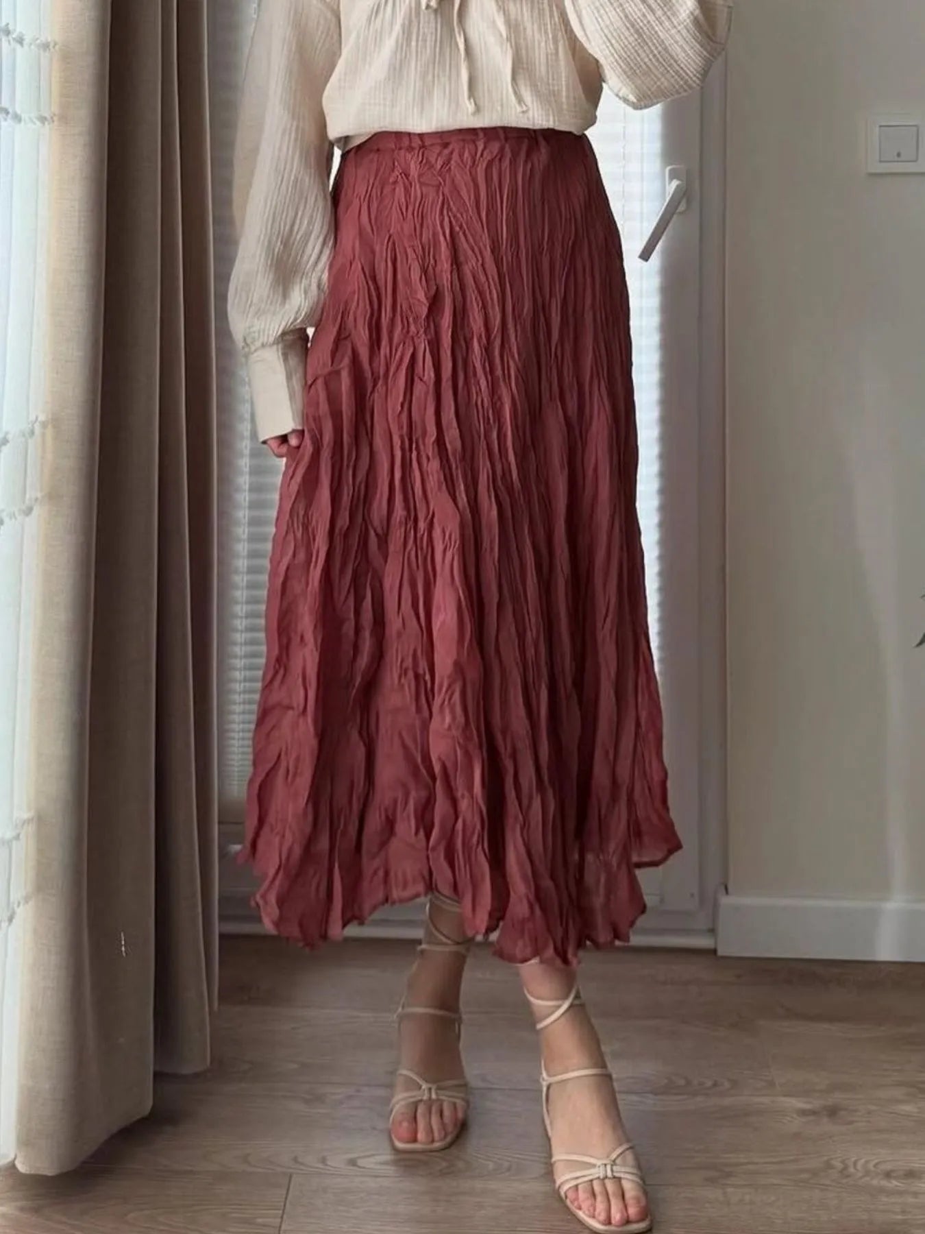 Women's Ruched Elastic Waist Midi Skirt in Dusty Rose - Image 2