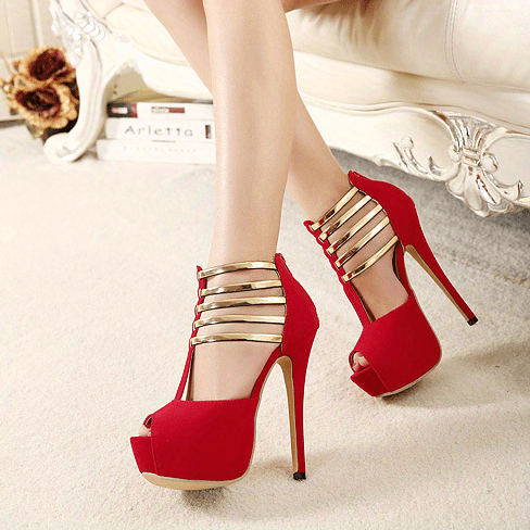 Women Stiletto Platform Peep Toe Pumps with Gold Strap Detail