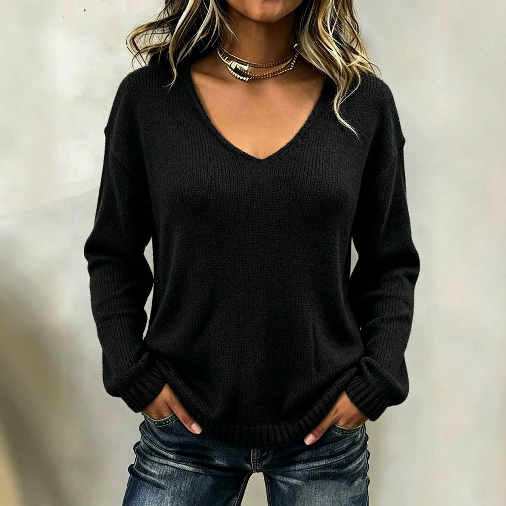 Women's Relaxed V-Neck Drop-Shoulder Pullover Sweater