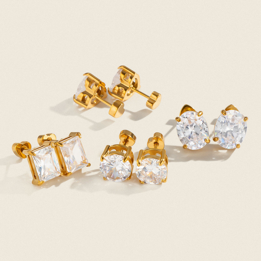 Stainless Steel 18k Gold Stud Earrings With Zircon Inlays For Women
