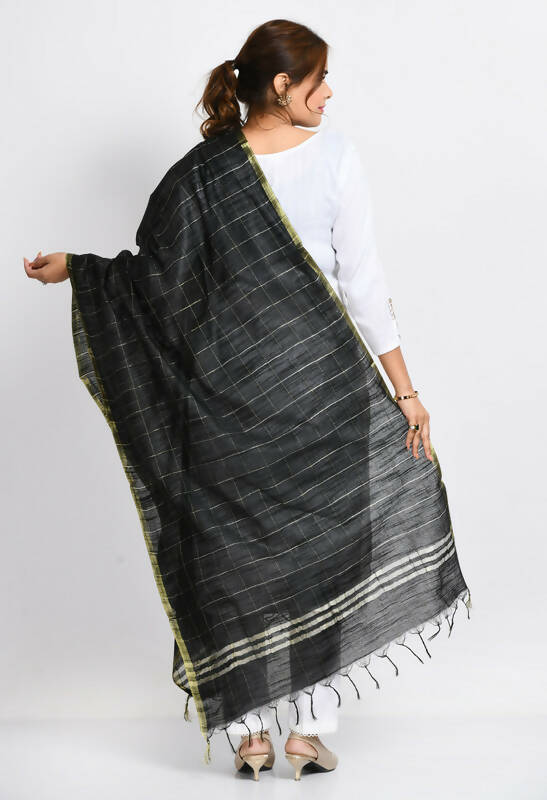 Black Cotton Zari Box Pattern Dupatta with Gold Accents
