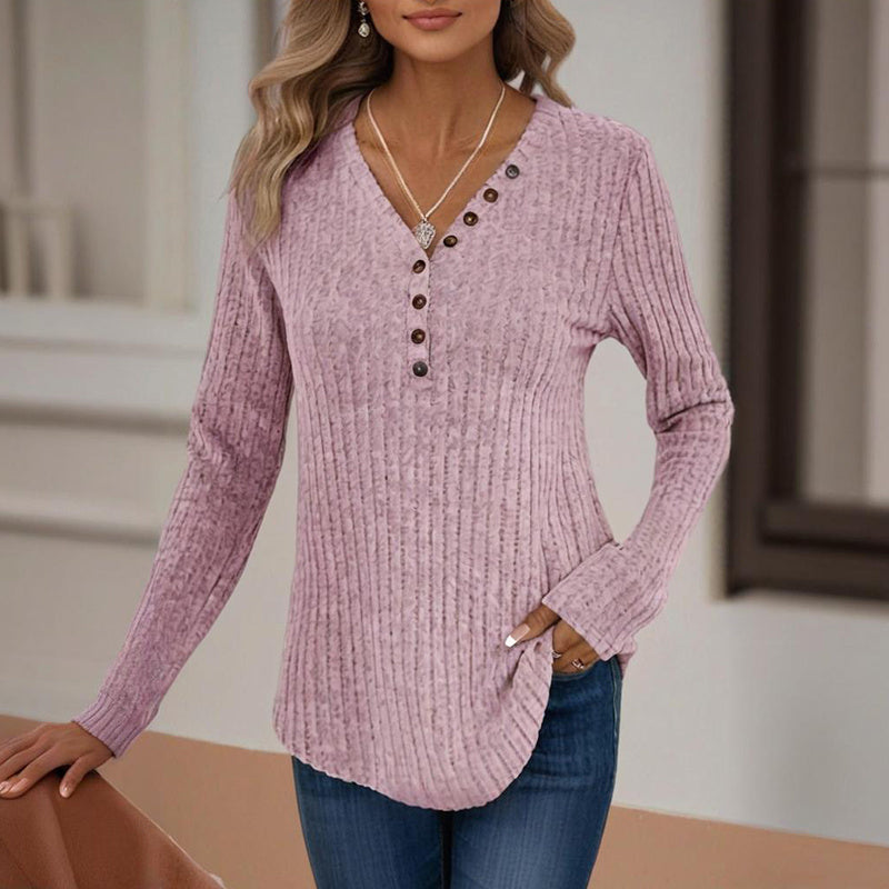 Women's V-Neck Button Front Long Sleeve Ribbed Knit Top - Image 8