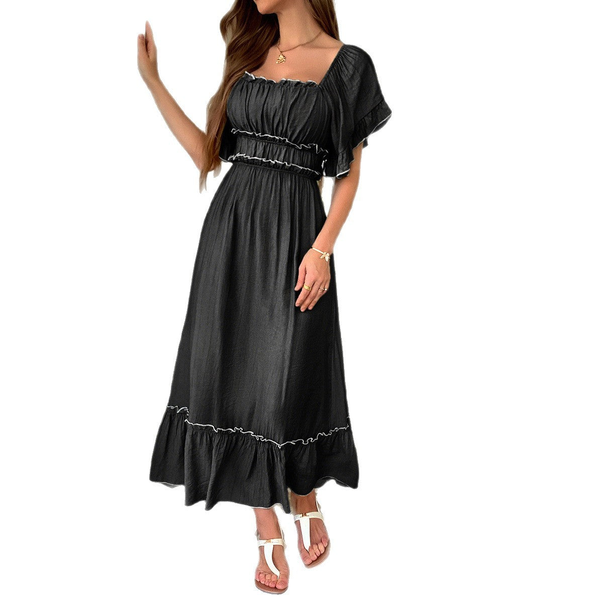 High Waist Mid-Length Stringy Selvedge Vacation Dress