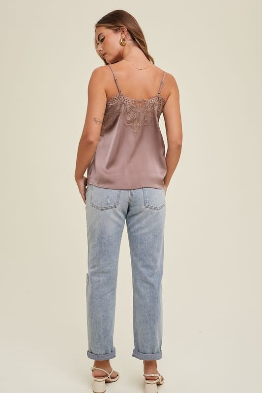 Satin Cami With Lace Trim in Midnight - Relaxed Romantic Fit