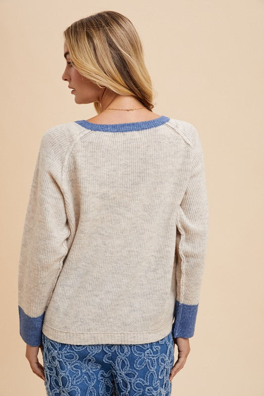 Back To School Sweater - Annie Wear Contrast Trim Button Down Raglan Sleeve Cardigan