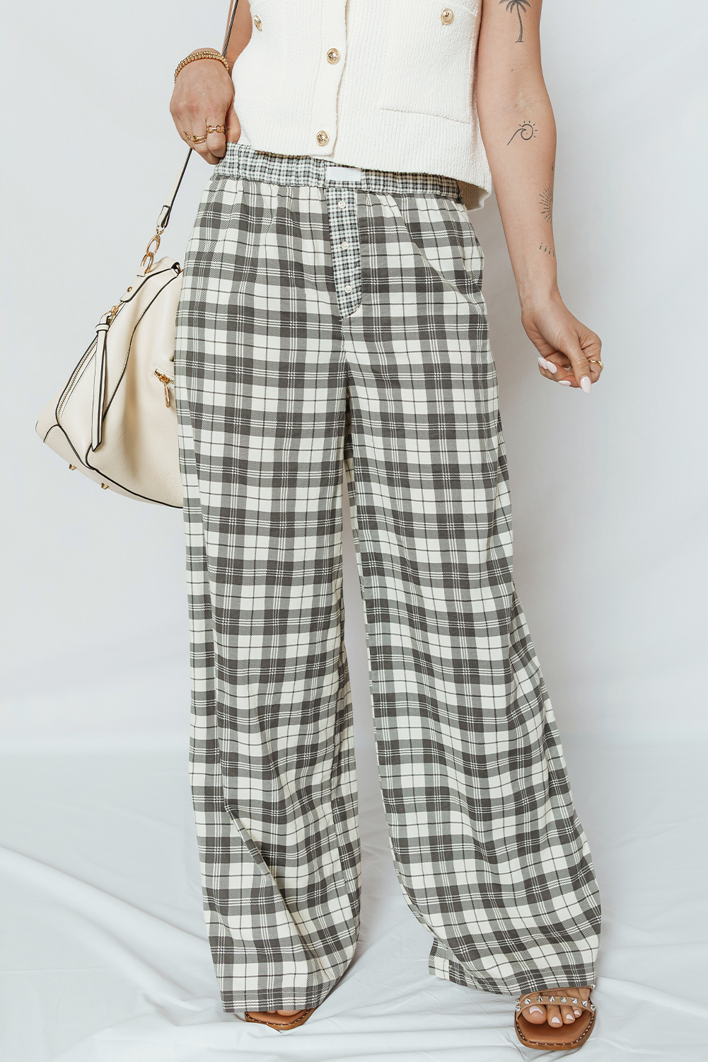 Plaid Patchwork Wide Leg Pants
