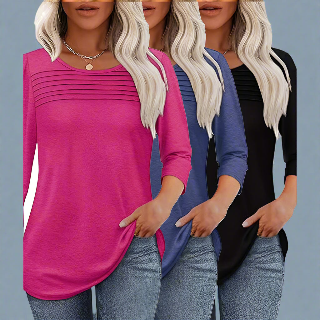 Women's 3-Pack 3/4 Sleeve Pleated Round Neck Tunic Tops