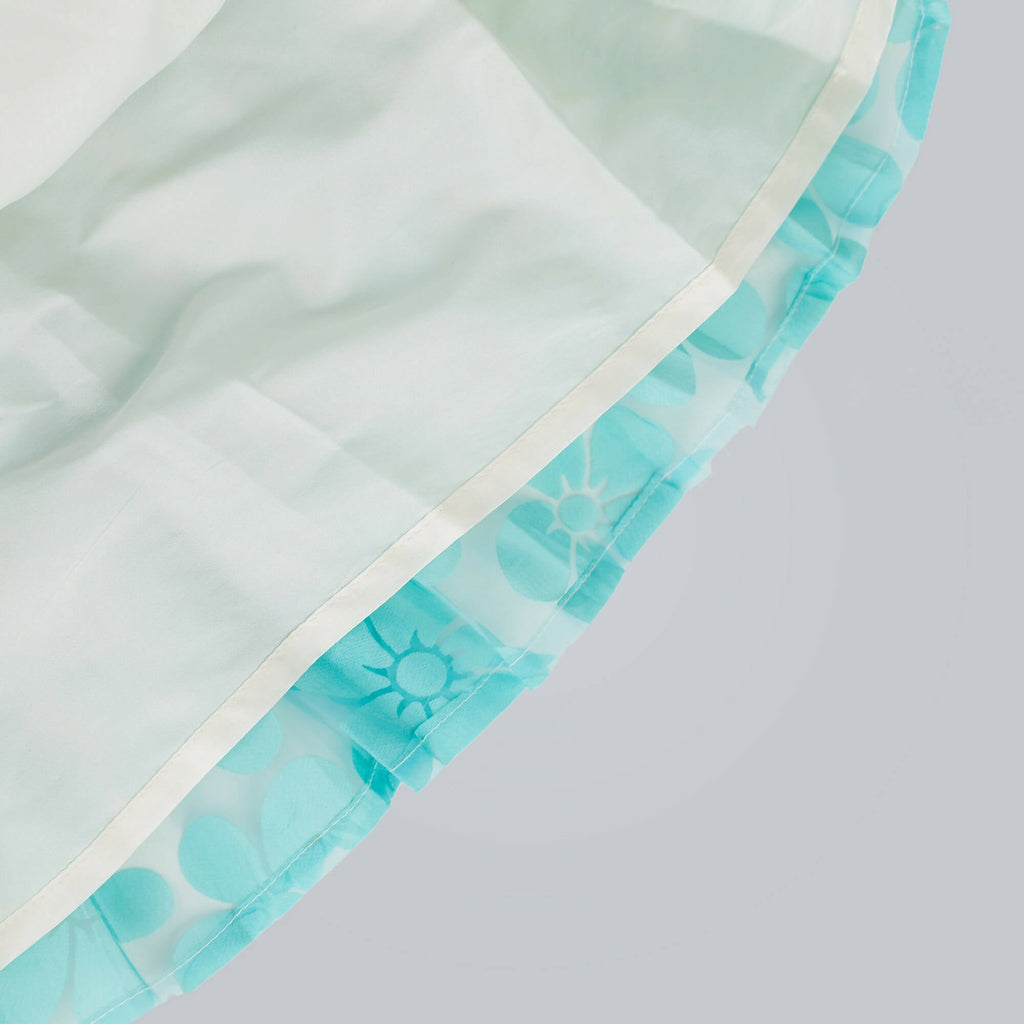 White & Blue Floral Organza Dress with Pearls and Bow