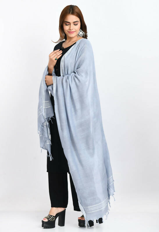 Grey Linen Cotton Dupatta with Silver Border