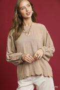 Latte Linen Scallop Hem Long Sleeve Blouse