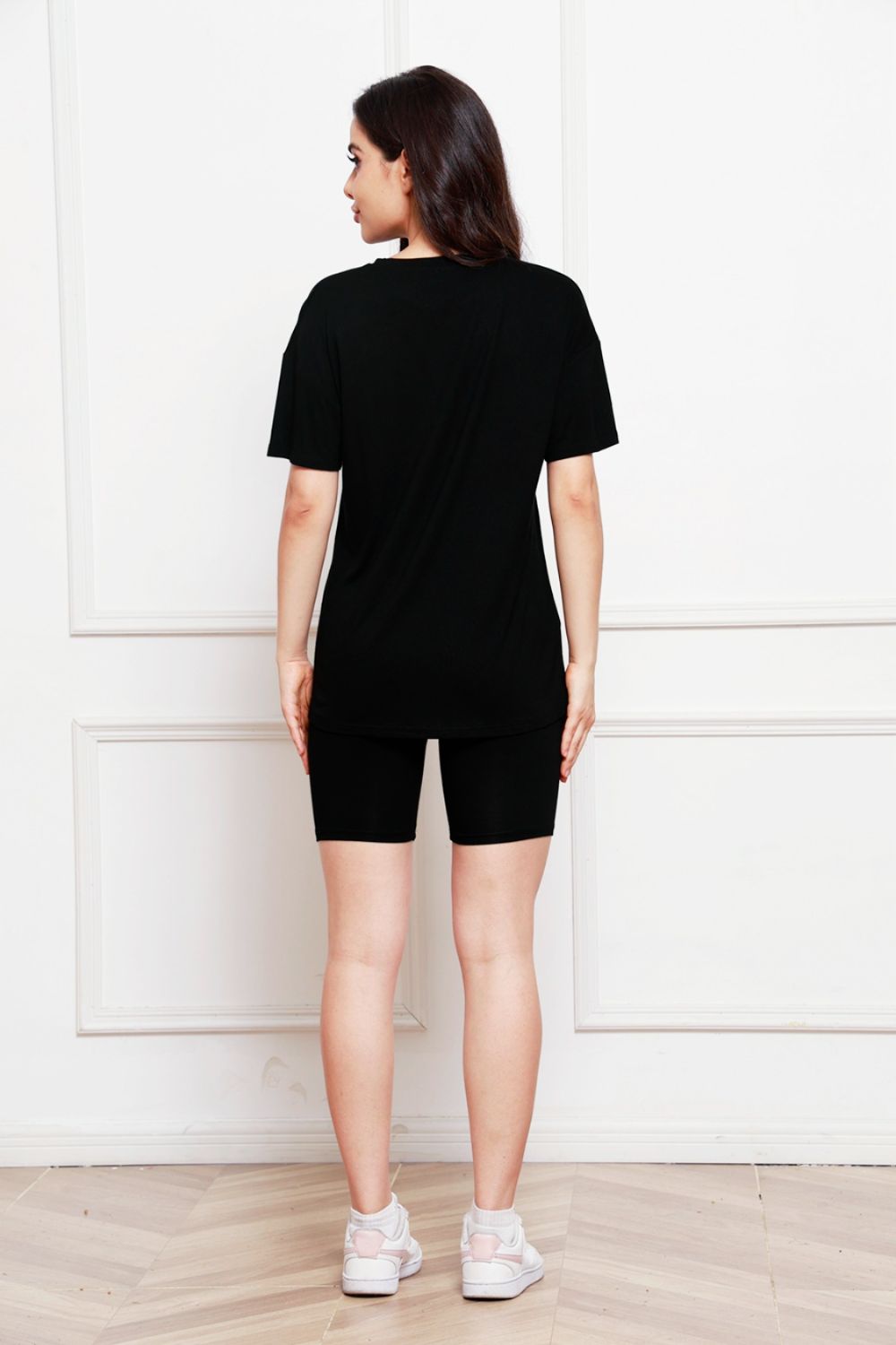 Women's Black Short Sleeve T-Shirt and Biker Shorts Set