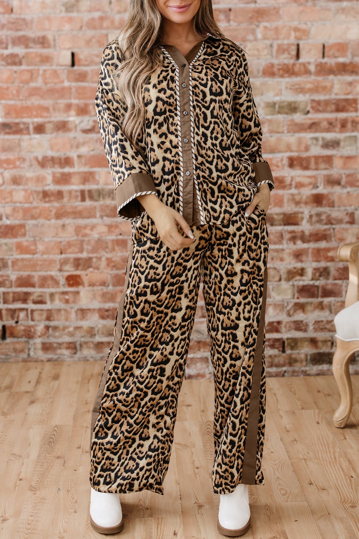Leopard Collared 3/4 Sleeve Shirt and Pants Set