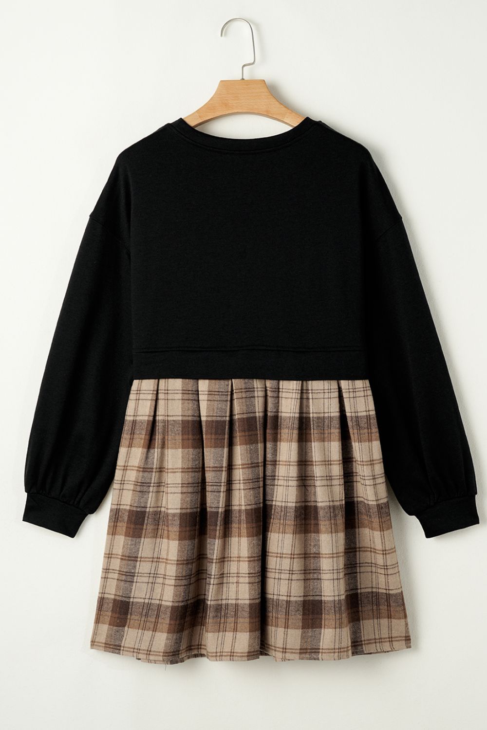 Vintage Plaid Long Sleeve Mini Dress with Round Neck