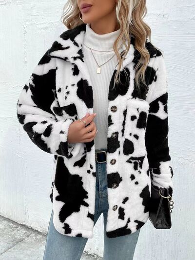Black and White Cow Print Fuzzy Collared Button Up Jacket