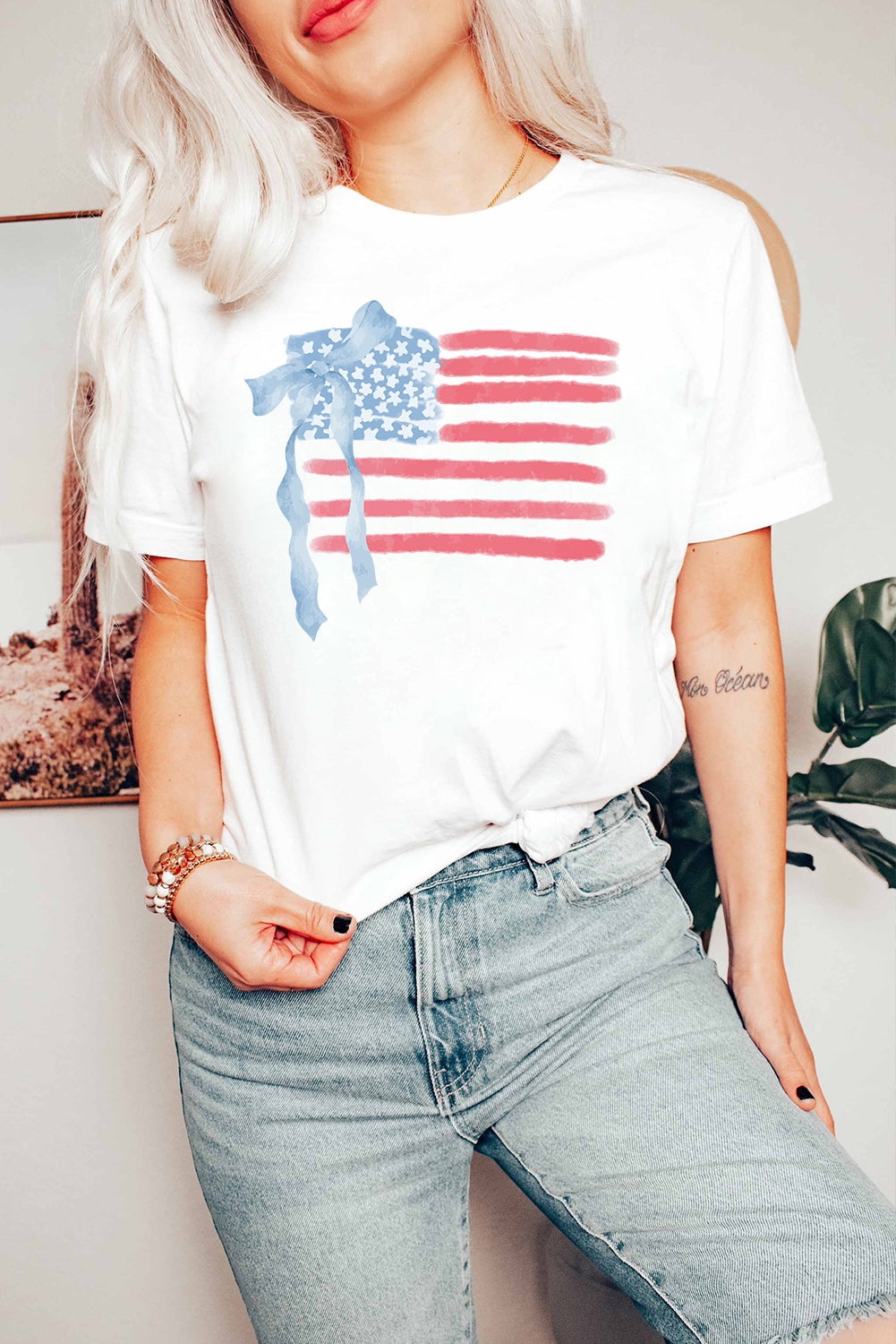 White American Flag Bow Knot Print Crew Neck Casual T-Shirt