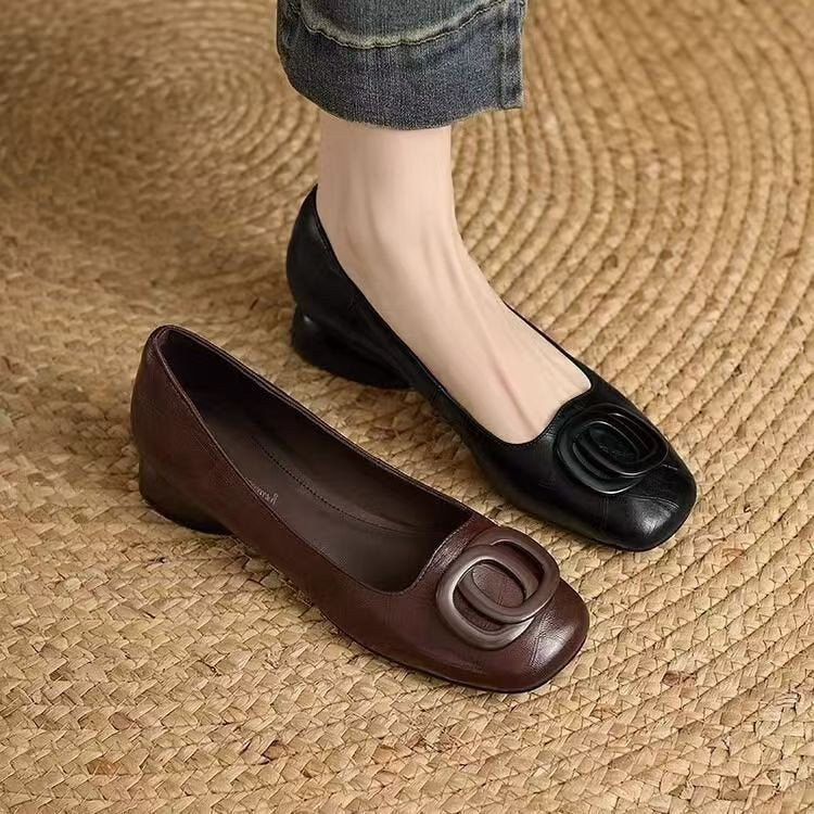 Women's Dark Brown Round Toe Slip-On Flats with Chunky Heel - Image 5