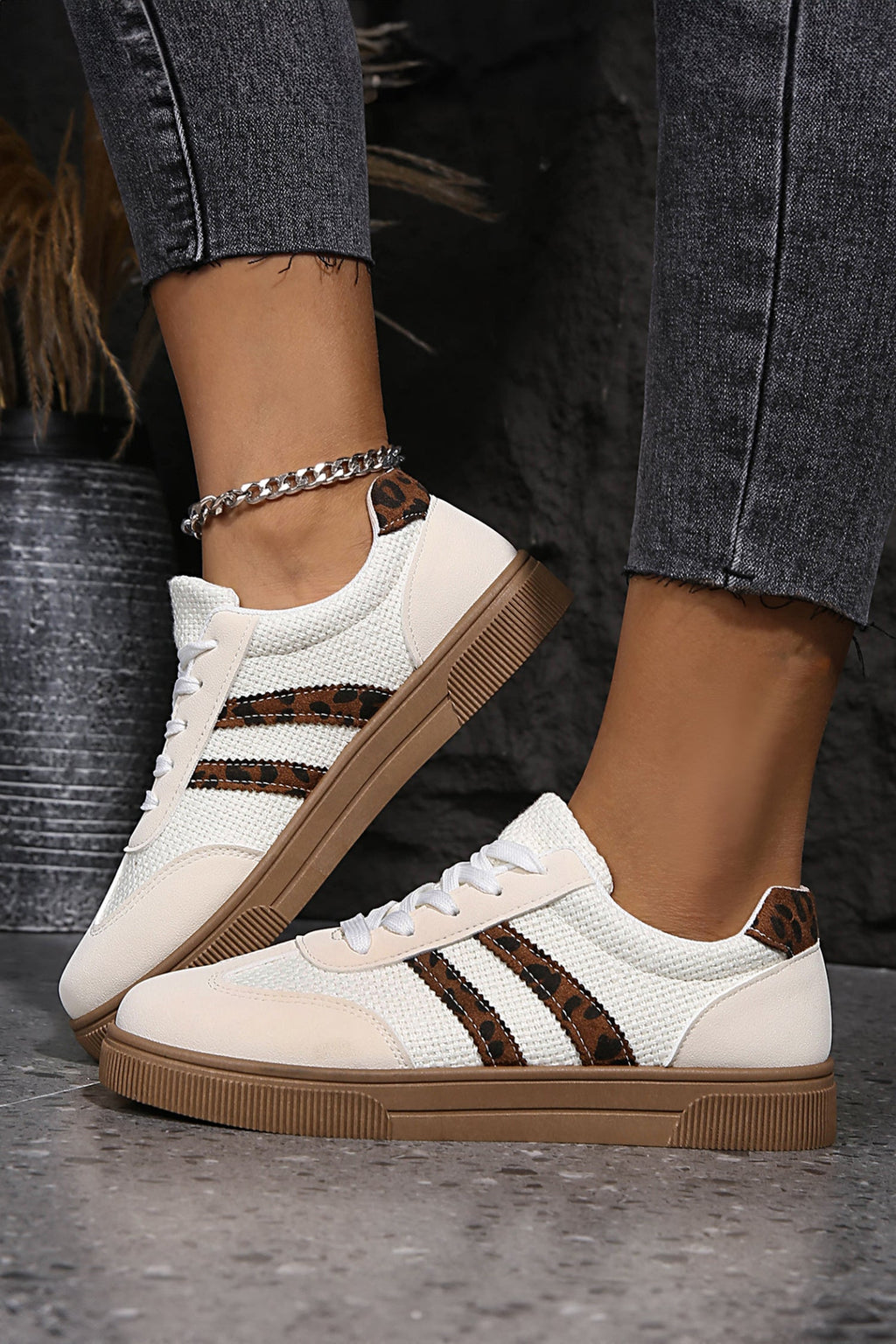 White Leopard Patchwork Woven PU Leather Sneakers