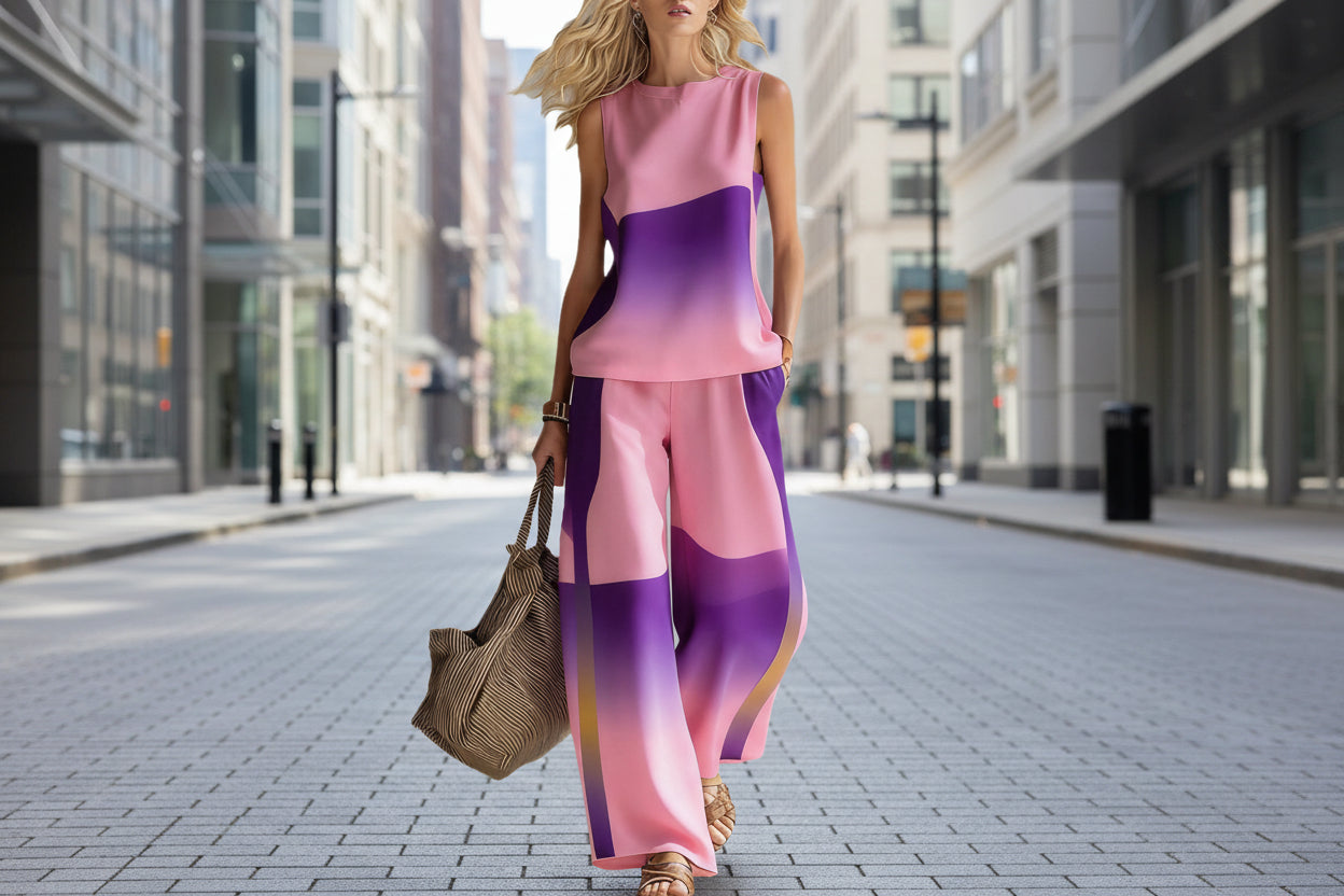 Women's Sleeveless Printed Tank Top and Wide-Leg Pants Set - Image 2