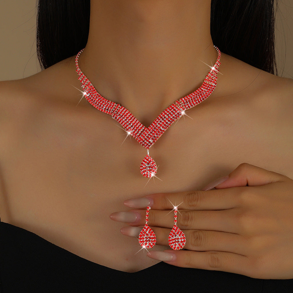 Spot Multi-Color Hot-Selling Wedding Jewelry Necklace Earrings Jewelry Set Luxury Rhinestone Bridal Set Chain