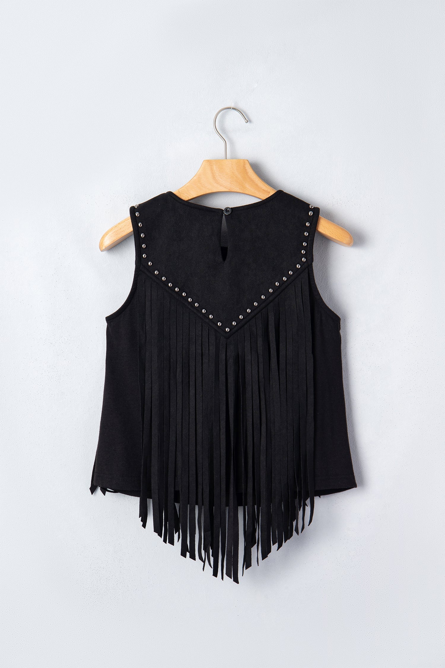 Black Sleeveless Bust Paneling Top with Fringe and Rivets