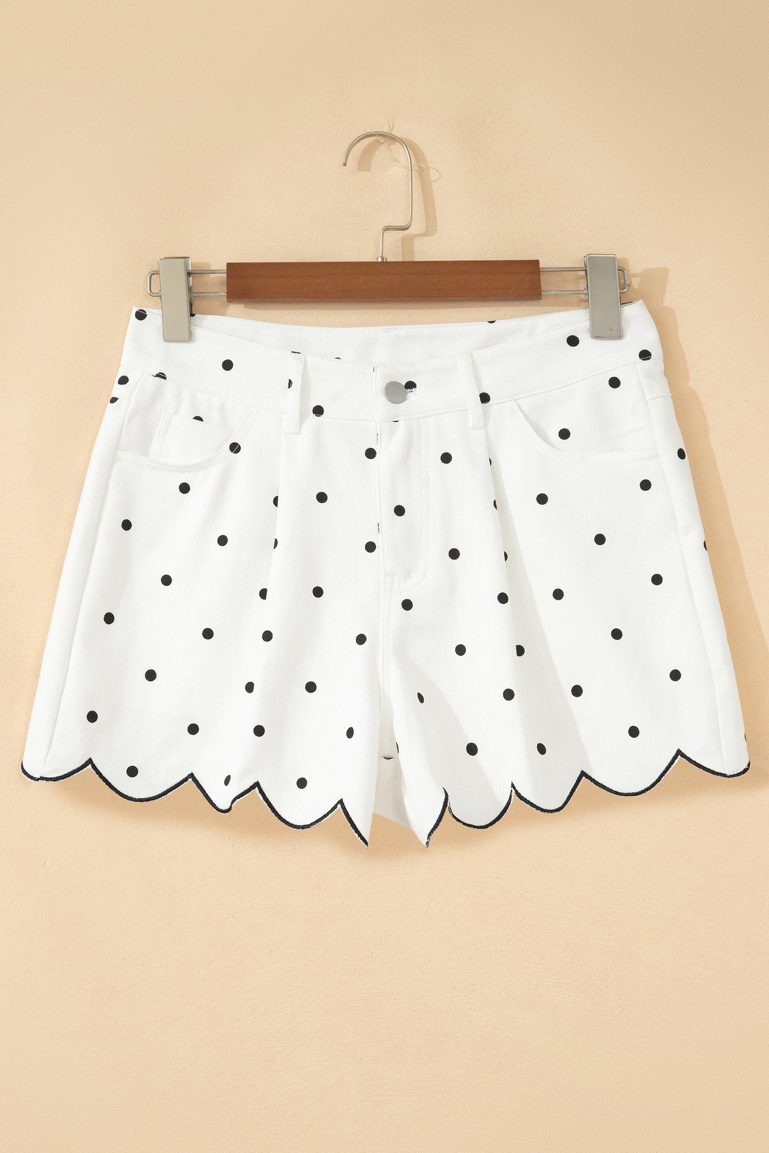 Polka Dot Denim Embroidered Scallop Hem High-Rise Shorts
