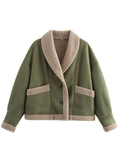 Women’s Fuzzy Collared Long Sleeve Jacket with Button Closure