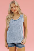 Beau Blue Mineral Wash Denim Frayed U Neck Sleeveless Top