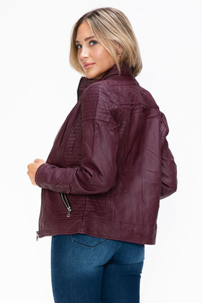 Dual-Zipper Layered Jacket with Fuzzy Hood in Burgundy and Grey