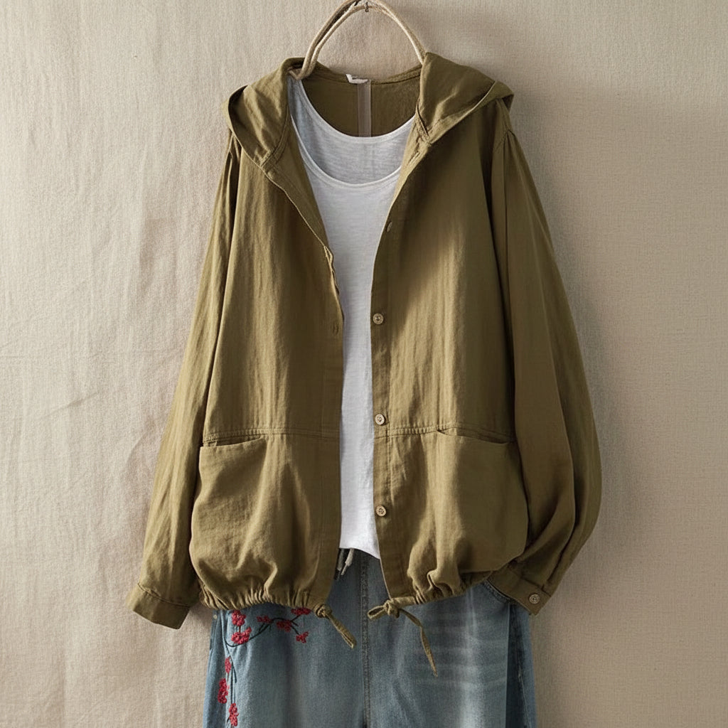 Women's Loose-Fit Hooded Button-Down Top with Drawstring Hem