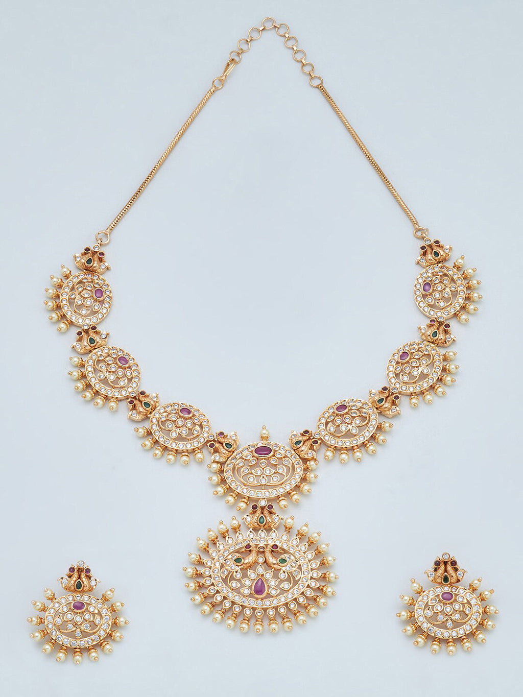 Gold-Plated Multicoloured AD-Stone Jewellery Set with Earrings