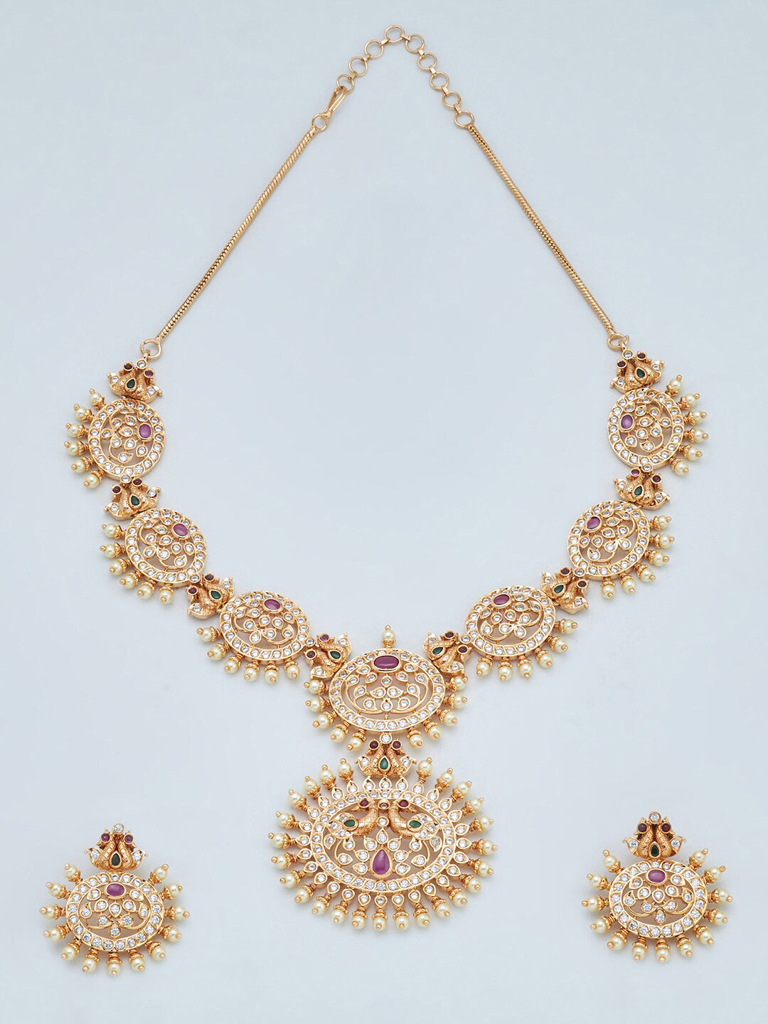 Gold-Plated Multicoloured AD-Stone Jewellery Set with Earrings