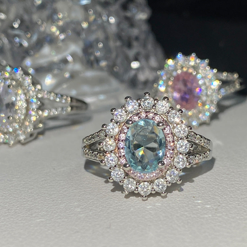 Women's Zircon Simulated Aquamarine Sunflower Ring, Luxury Full Pave Topaz Gemstone Jewelry