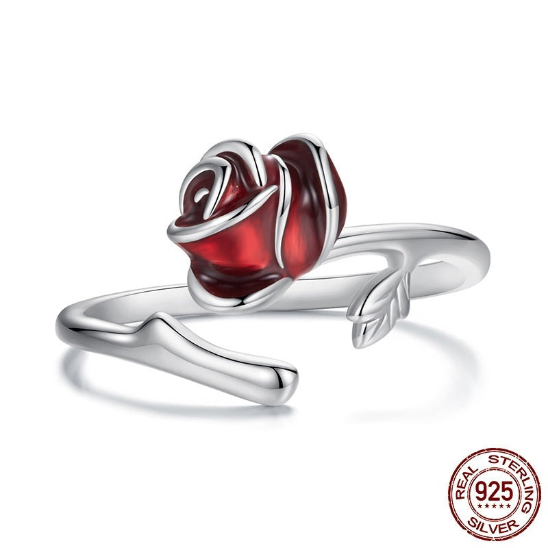 Vintage Red Rose Flower 925 Silver Adjustable Open Ring