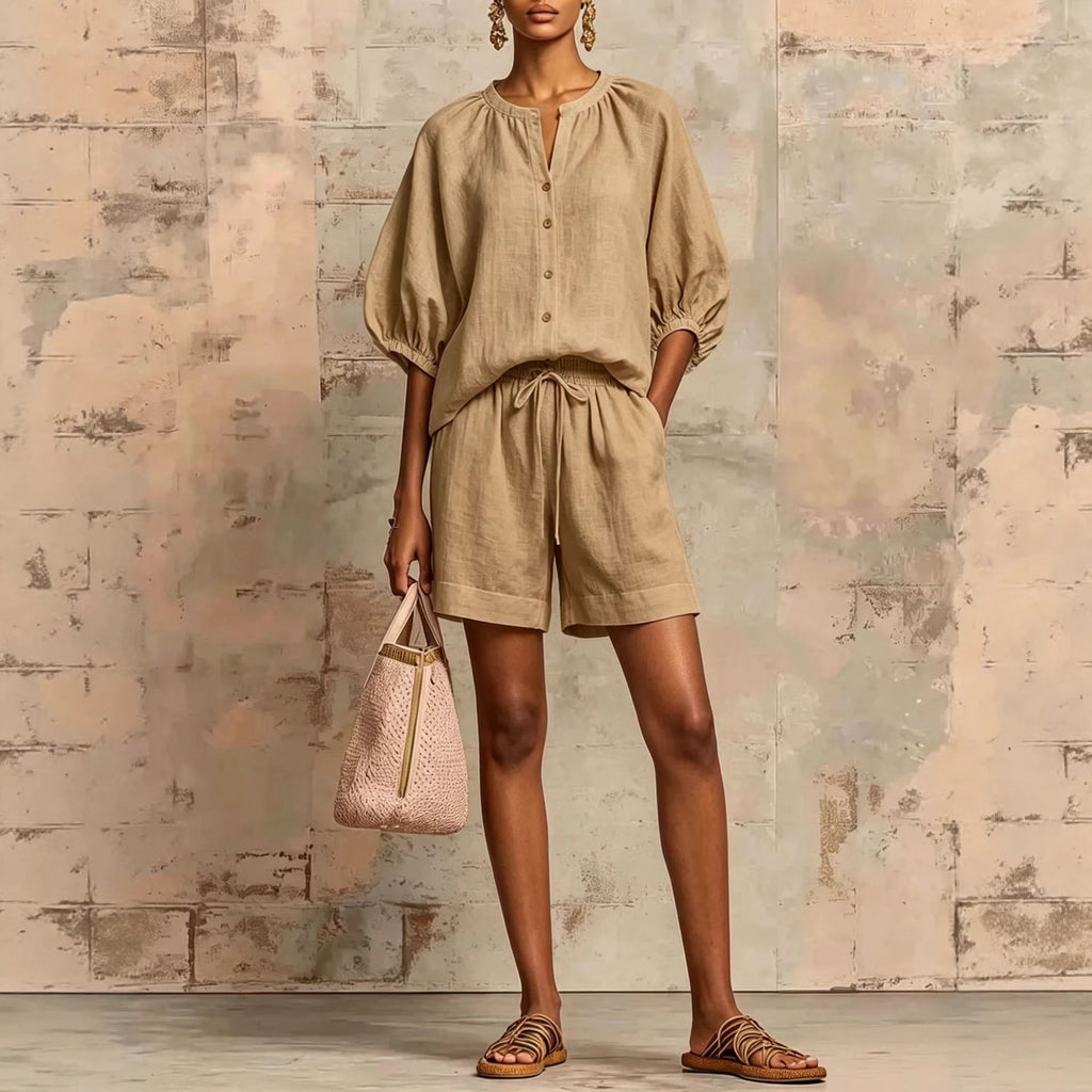 Women's Bubble Sleeve Button Down Top and Drawstring Shorts Set - Image 2