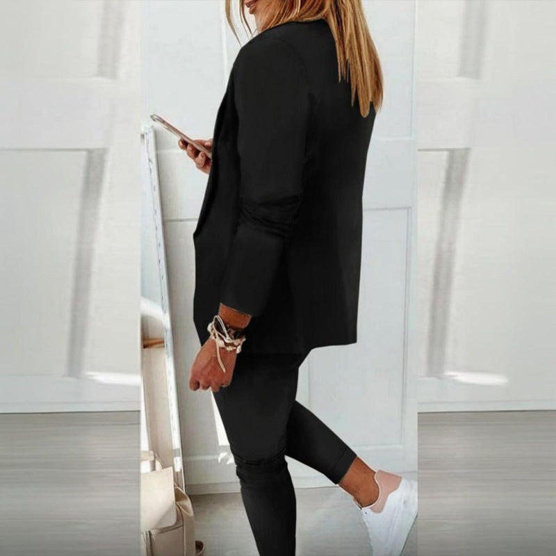 Women Notch-Lapel Blazer and Drawstring Pants Two-Piece Suit