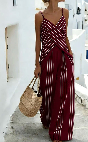 Women's Striped V-Neck Sleeveless Two-Piece Set White Black - Image 9