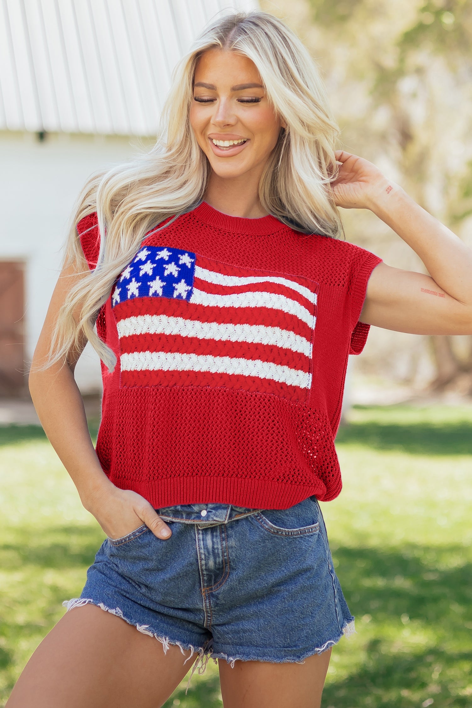 USA Flag Crochet Short Sleeve Sweater Top