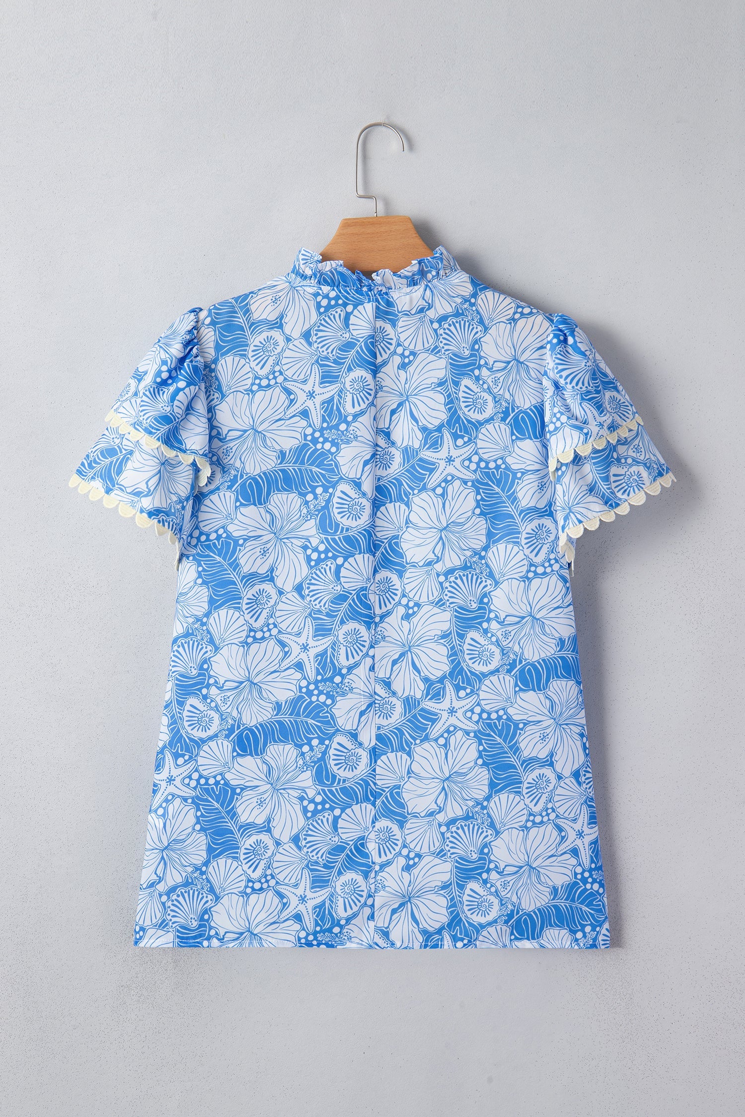 Oceanic Floral Scalloped Trim V-Neck Short Sleeve Blouse - Image 3