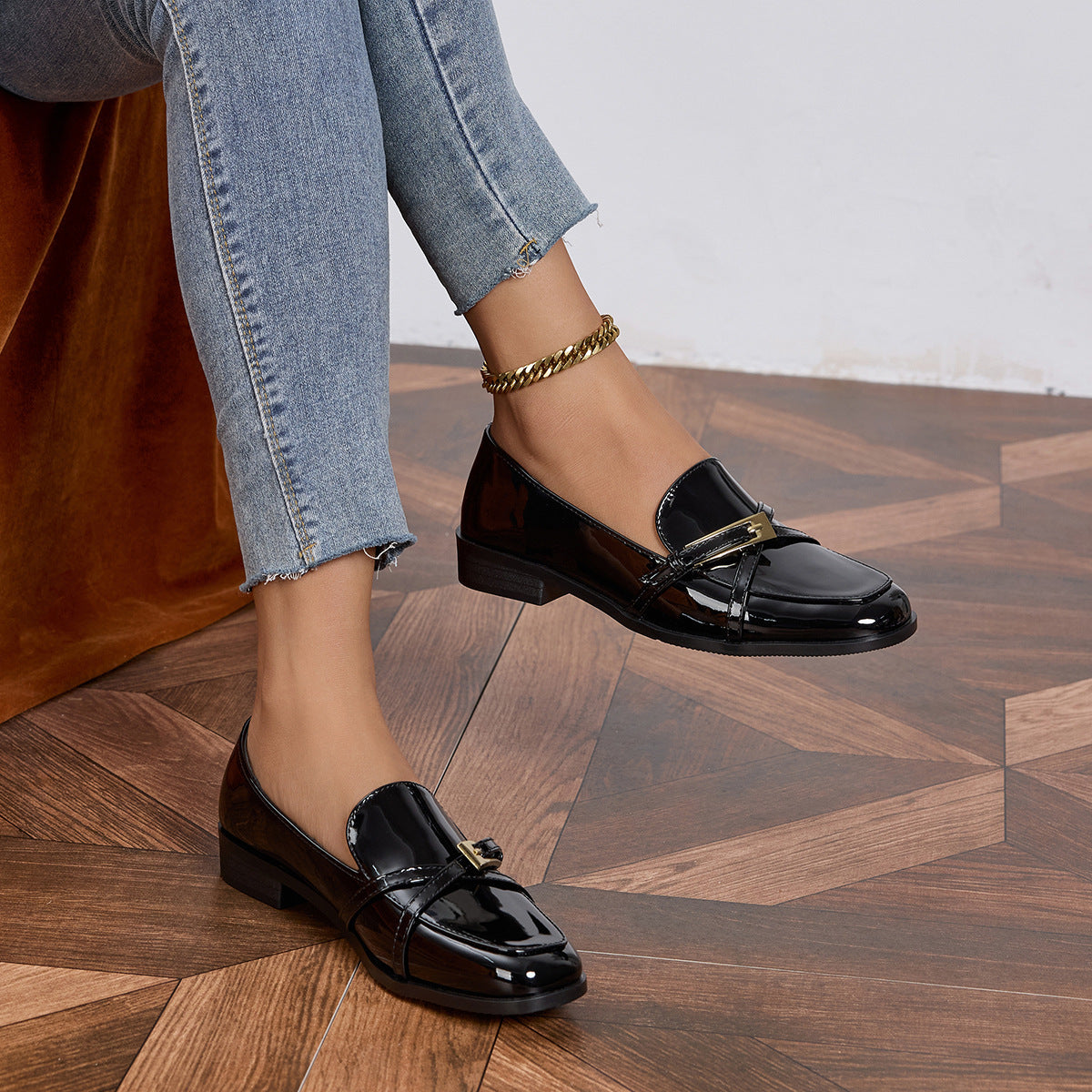 Women's Glossy Patent Leather Square Toe Loafers with Buckle