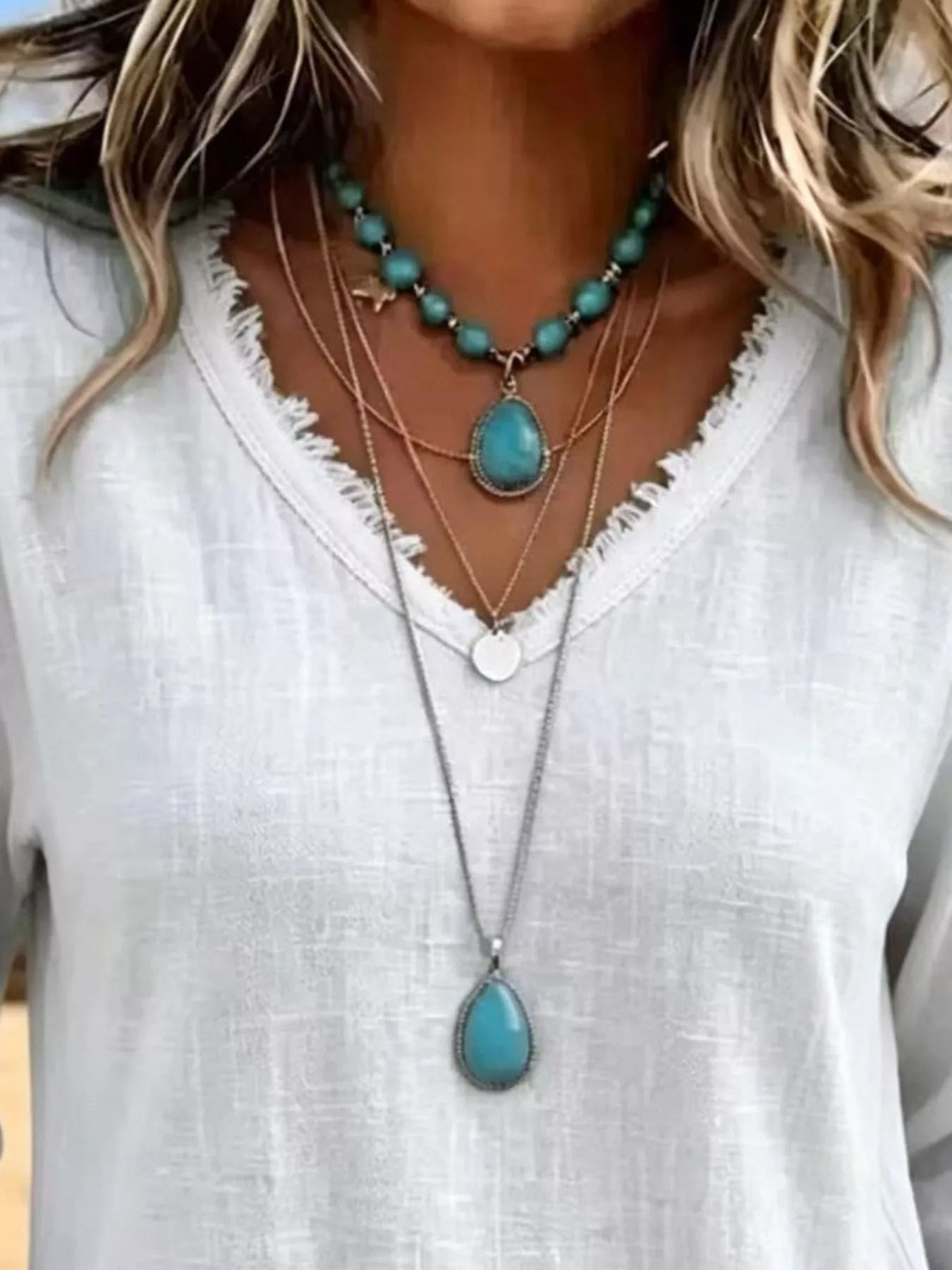 V-Neck Frayed Hem Long Sleeve T-Shirt