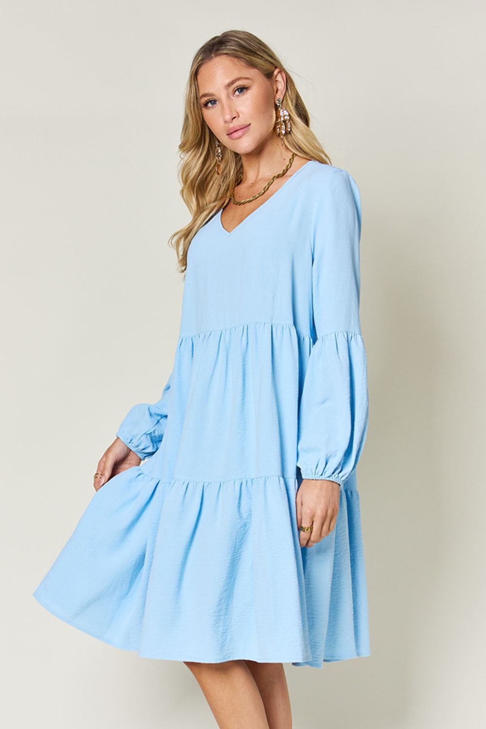 Light Green V-Neck Tiered Midi Dress with Side Pockets
