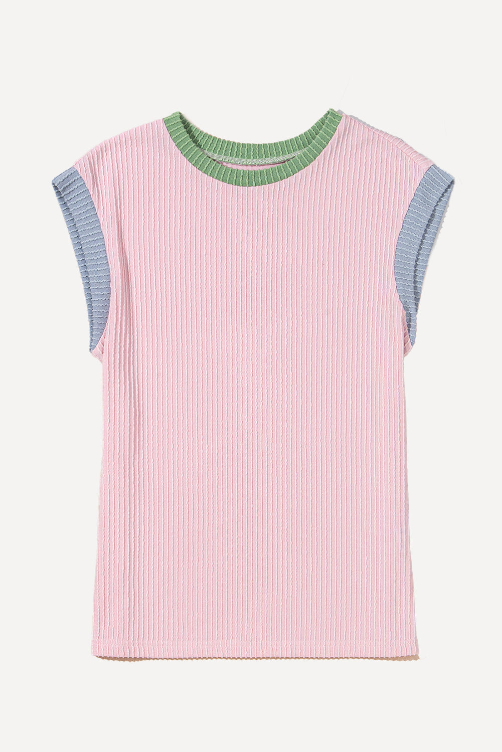 Pink Color Block Corded Knit Crew Neck Tee