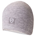 A soft heather grey baby beanie with an EMF protection label, designed to shield against radiation.