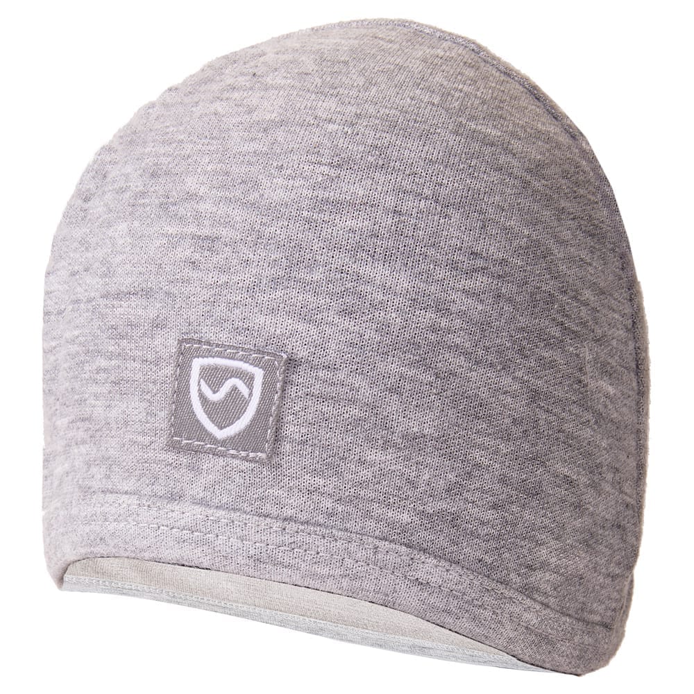 A soft heather grey baby beanie with an EMF protection label, designed to shield against radiation.