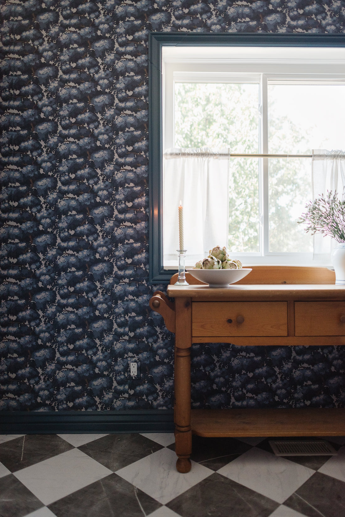 Anders Traditional Wallpaper in Green, Navy, and White