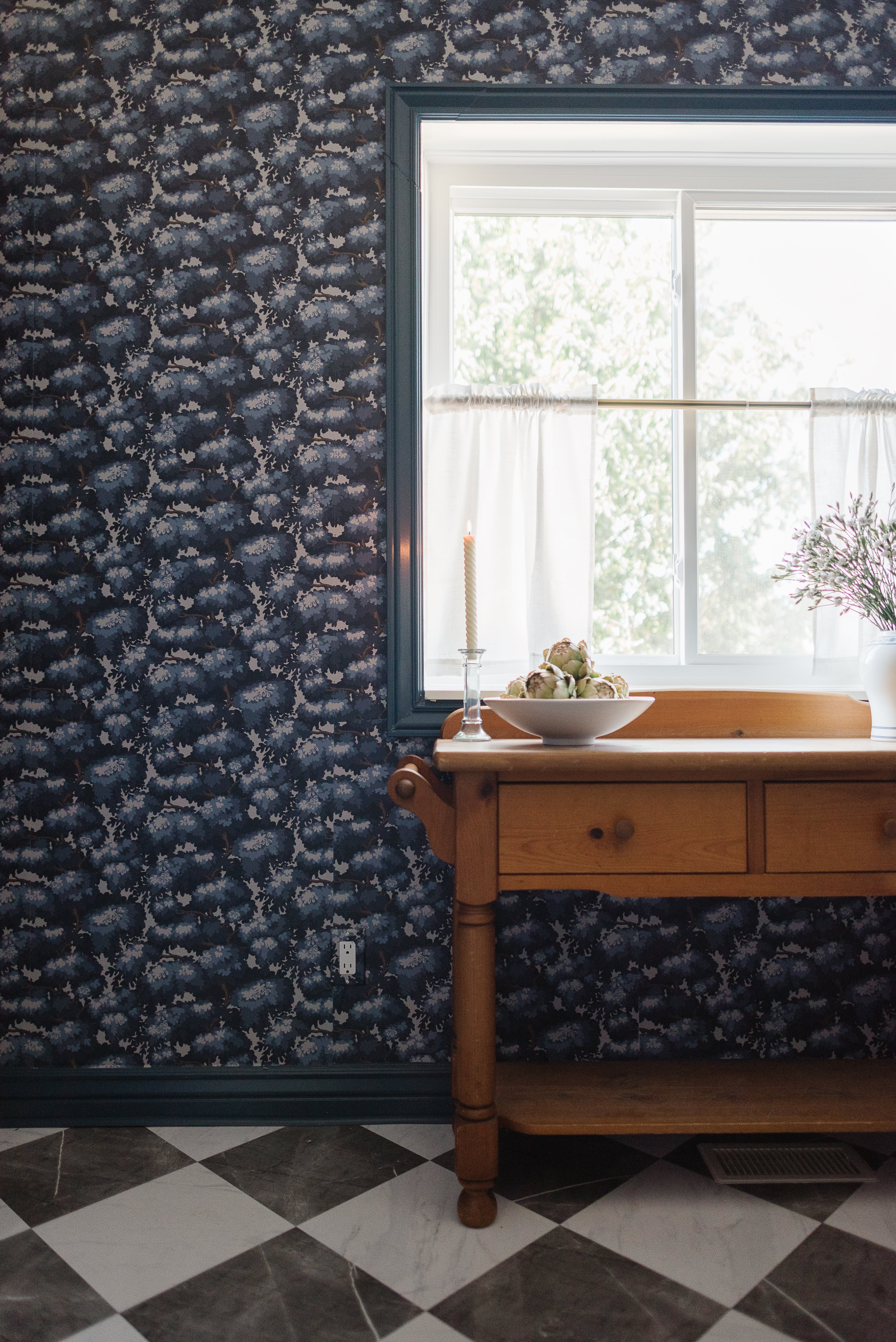 Anders Traditional Wallpaper in Green, Navy, and White