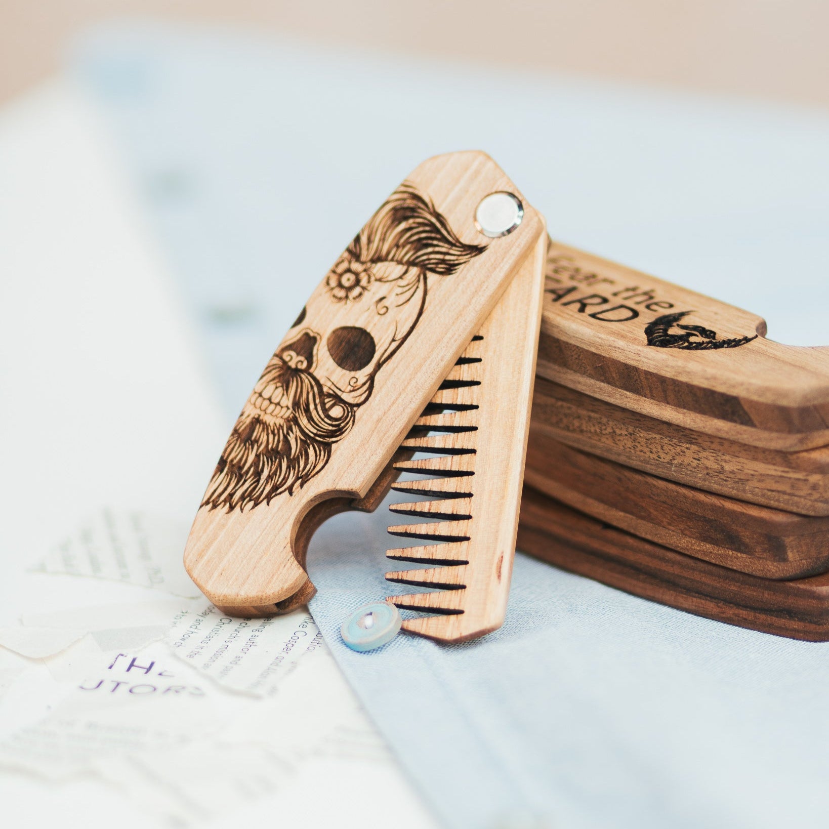 Sugar Skull Wooden Beard Comb - Durable Walnut Grooming Tool
