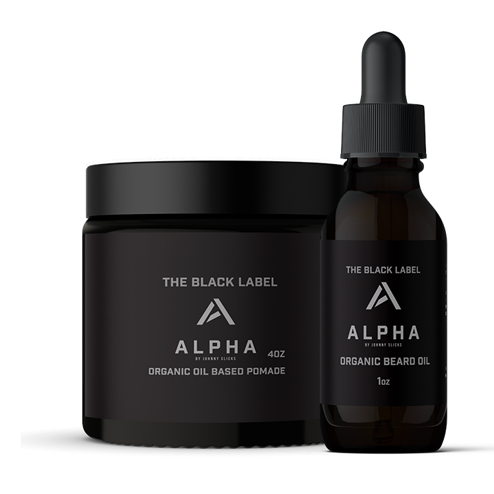 Black Label grooming bundle featuring a 4oz jar of organic oil-based pomade and a 1oz bottle of organic beard oil.