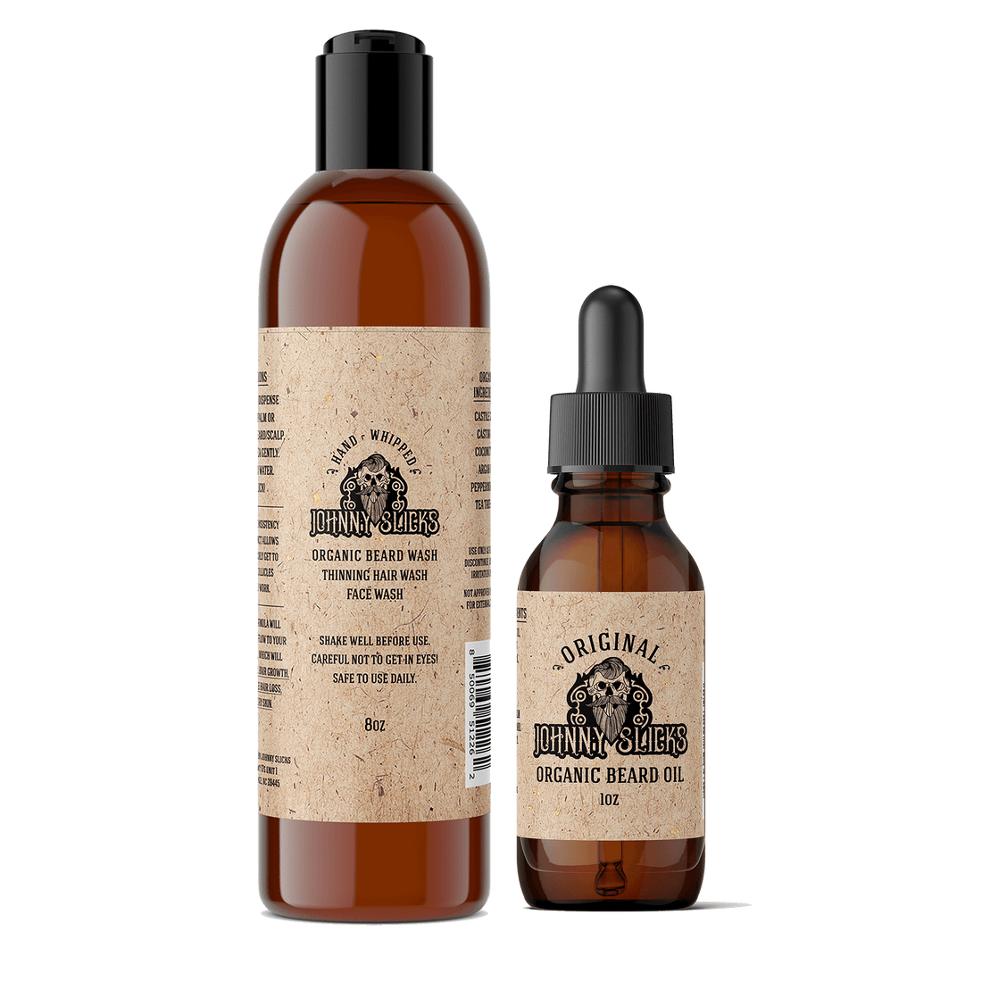 A set consisting of an 8oz bottle of Johnny Slicks Organic Hand Whipped Beard Wash and a 1oz bottle of Original Organic Beard Oil.