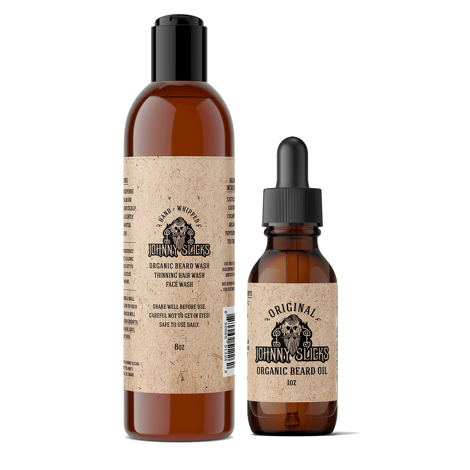 A set consisting of an 8oz bottle of Johnny Slicks Organic Hand Whipped Beard Wash and a 1oz bottle of Original Organic Beard Oil.